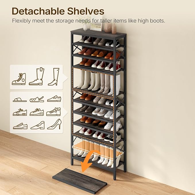 YATINEY 12-Tier Tall Shoe Rack Organizer, Wooden Shoe Storage for Closet Holds 48 Pairs, Sturdy Shoe Shelf with X-Shaped Metal Support, for Entryway, Bedroom, Charcoal and Black SS212BC