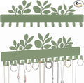 Hicarer 2 Pack Sage Green Eucalyptus Necklace Holder Wall Mount 24 Hooks Adhesive Metal Jewelry Organizer Eucalyptus Decor Bathroom Decor for Earrings Bracelets Rings Keys