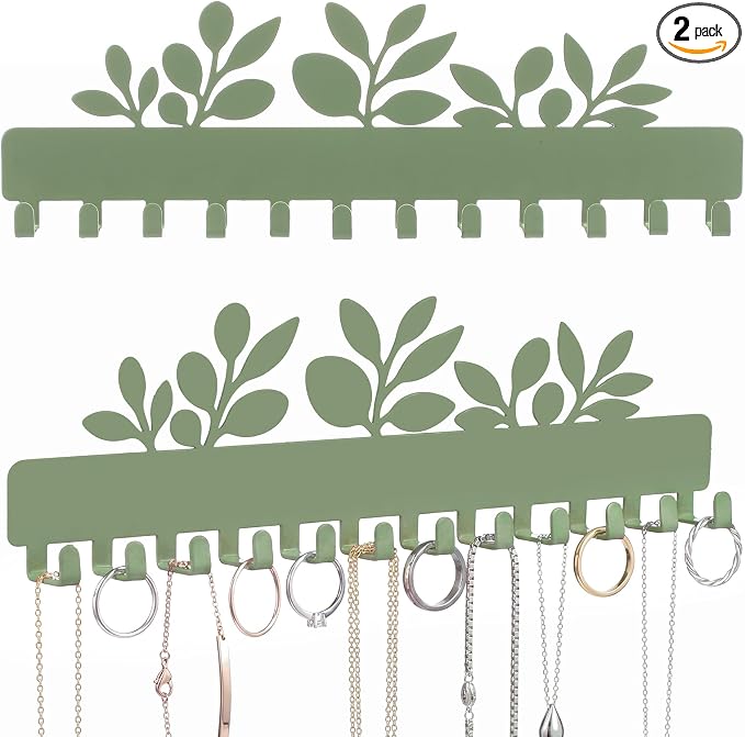 Hicarer 2 Pack Sage Green Eucalyptus Necklace Holder Wall Mount 24 Hooks Adhesive Metal Jewelry Organizer Eucalyptus Decor Bathroom Decor for Earrings Bracelets Rings Keys
