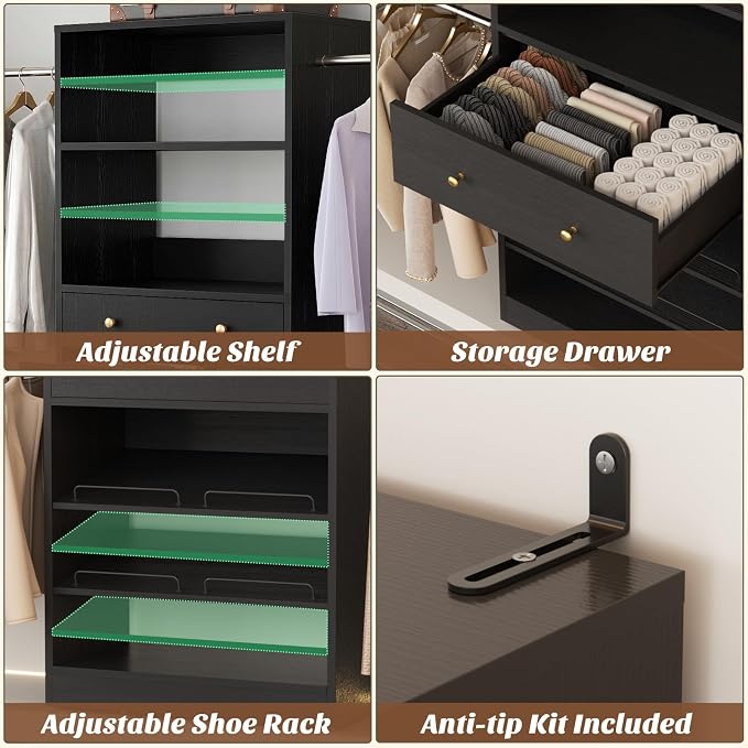 Armocity Wood Closet Organizer System with Sensing Light - 4FT-9FT Expandable Wardrobe Closet with Drawer & 4 Hanging Rods, Heavy Duty Walk-in Closet 1000Lbs for Bedroom Walk-in Closet, Black