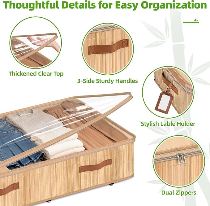 Livole 2 Pack Bamboo Under Bed Storage Containers with Wheels | Breathable Bamboo, Invisible Wheels, 6 inches Height, 56L Large Capacity, Easy Setup, Handles, Clear Lid