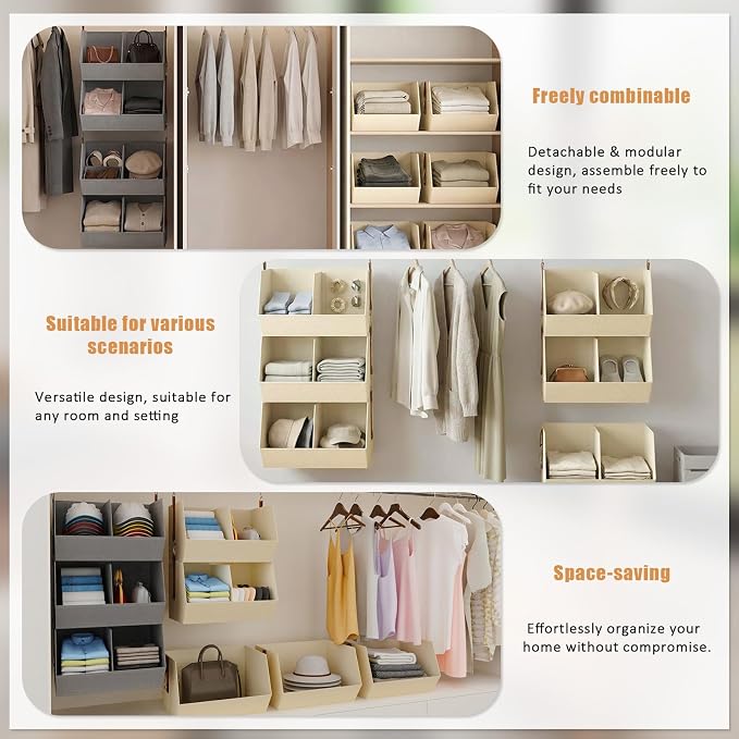 3-Tier Hanging Closet Organizer, Extra Large Fabric Closet Shelves with Zipper, Foldable Closet Storage Organizer for Clothes, Handbags, Socks, Underwear, Dorm Room and RV,Grey- 1 Pack
