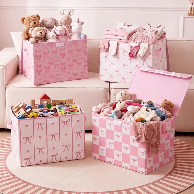 CHENGU 4 Pcs Pink Bow Storage Bin with Lid Large Fabric Pink Foldable Storage Box with Handles Cute Collapsible Cube Organizer Basket for Closet Home Bedroom Nursery Dorm Decor, 15.7 x 11.8 x 11.8''