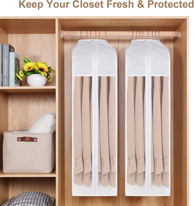 32" Premium Cotton Garment Bag for Hanging Clothes, Breathable Suit Bags for Closet Storage with Extra Large 10" Gusseted & Clear Window, Dust Cover with Zipper for Short Clothes, 3 Pack