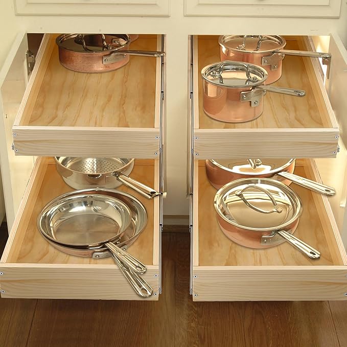 Mulush Pull Out Cabinet Organizer, 14''W×21''D×16''H Soft Close Slide Out Wood Drawer Shelves Storage for Kitchen, 2-Tier, Finished, Heavy-Duty, Bottom Assembly