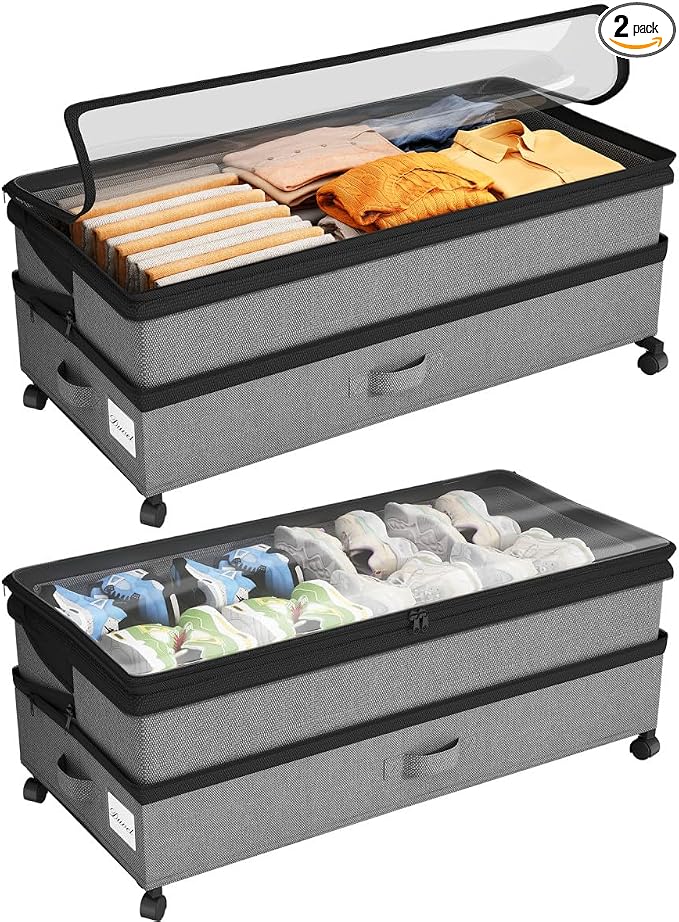 Kitstorack Under Bed Storage with Wheels 2Pack Height-adjustable Under Bed Storage Containers,Under Bed Shoe Storage Organizer with Clear Window&Label, Suitable for Clothes Storage, Gray