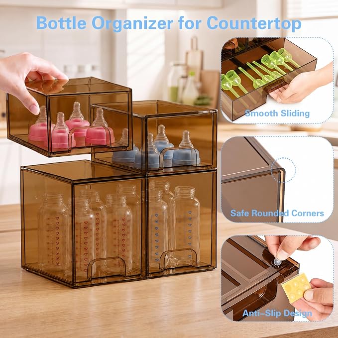 Baby Bottle Organizer, 4 Pack Tea Brown Acrylic Stackable Storage Drawers, Baby Bottle Storage Organizer for Countertop, Nursery, Vanity & Cabinet