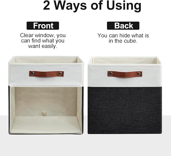 Bagnizer Storage Cubes, 4 Pack Linen Foldable Storage Bins (13 x 13 inch) with Clear Window and Handles, Fabric Organizer for Shelf Closet, Clothes, Books - (Black and White)