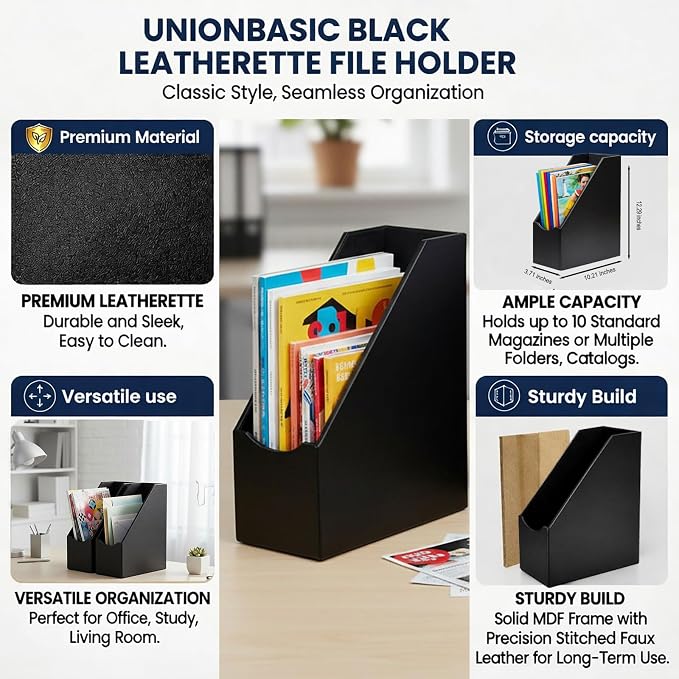 UnionBasic Magazine File Holder, Leatherette Desktop Document Organizer, Home Office Paper Holder File Storage Literature Sorter, Black