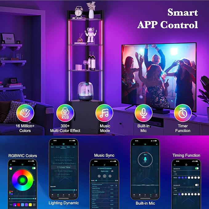 5-Tier Corner Shelf with RGB LED Light, 65" Tall Display Cabinet | Remote & APP Control, Adjustable Brightness/Color Temp, Floor Lamp with Shelves for Living Room Bedroom