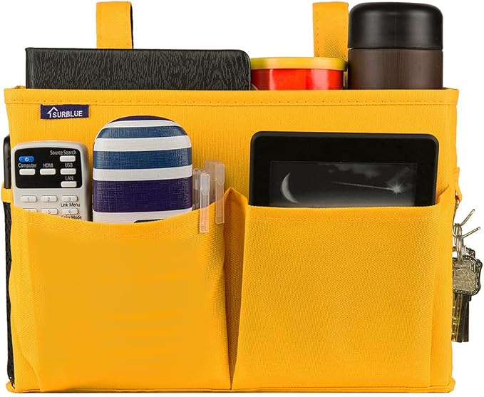 Surblue Bedside Caddy Hanging Bed Organizer Storage Bag Pocket for Bunk and Hospital Beds, College Dorm Rooms Baby Bed Rails, Camp 4 Pockets and 2 Hooks (Small, Yellow)
