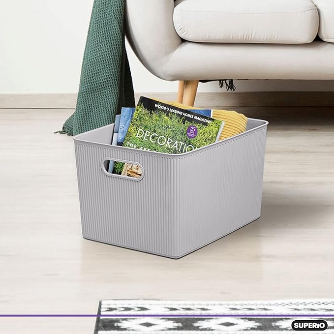 Superio Ribbed Collection - Decorative Plastic Basket Open Home Storage Bins Organizer, X-Large White Smoke (1 Pack) Container Boxes for Organizing Closet Storage Bins for Shelves 22 Liter/23 Quart