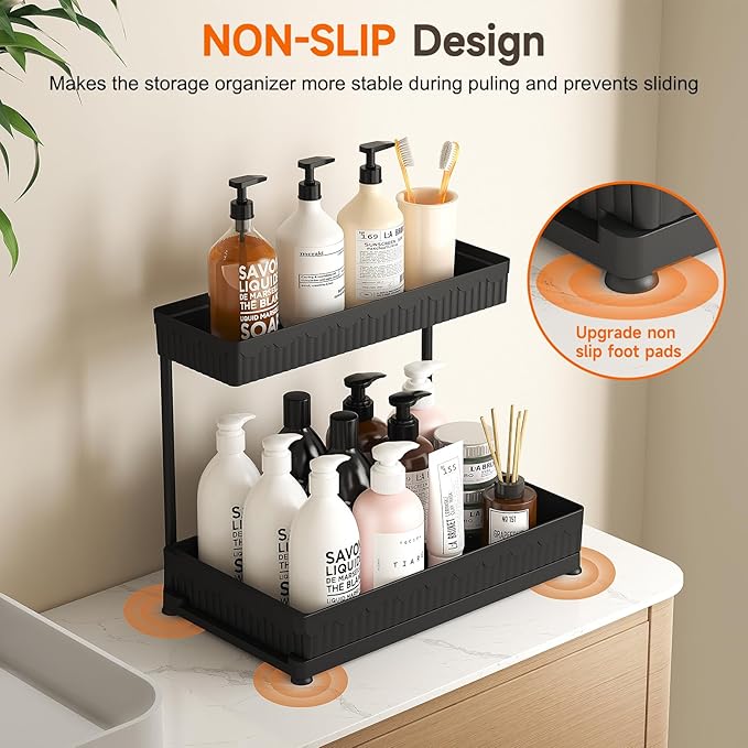 Sevenblue 3 Pack Multi-Purpose Pull-Out Storage Organizers, 2-Tier L-Shaped Under Sink/Cabinet Organizers and Storage for Bathroom & Kitchen, Black, 12.8 Inches