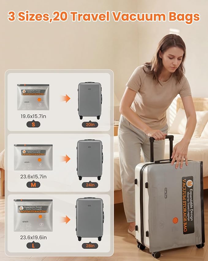 20 Pack Vacuum Storage Bags for Travel with Rechargeable Cordless Pump, Vacuum Seal Bags for Clothing Travel, Travel Essentials Space Saver Bags for Luggage