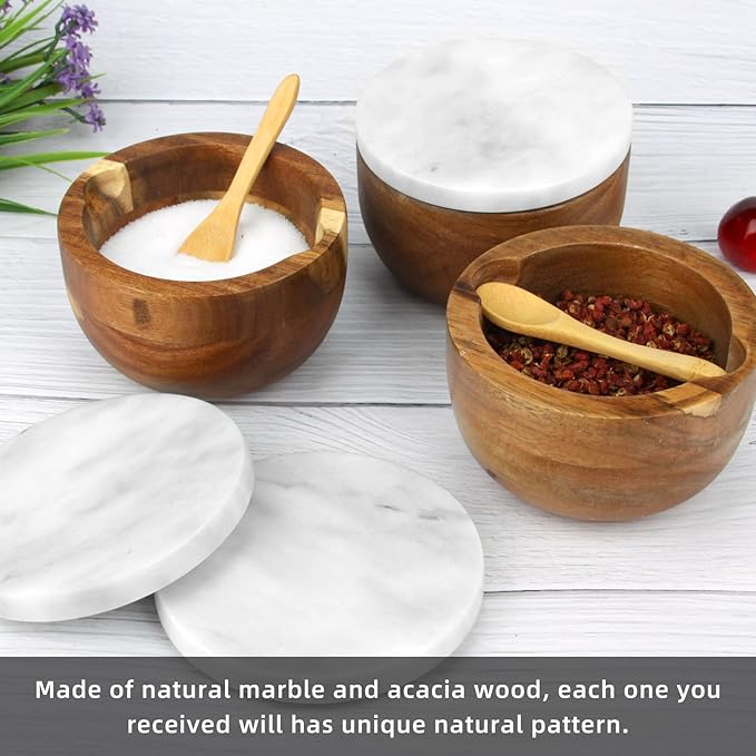 Salt Cellar Box with Lid & Spoon, Modern White Stone Salt or Pepper Sugar Spice Seasoning Bowl Container Jar Holder Well Keeper Dish Pig Crock for Kitchen (White Grey Marble Lid)