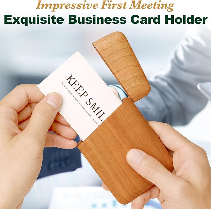 Wood Business Card Holder Wooden Magnetic Business Card Case Portable Simple (Cherry)