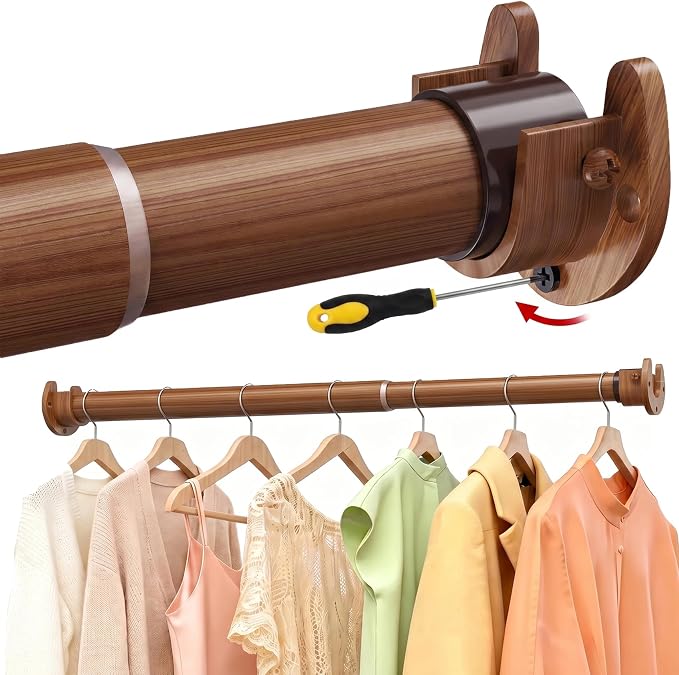 17 to 84 Inch Closet Rods for Hanging Clothes with Screwdriver, Stepless Adjustable Closet Rod Heavy Duty, 1.3 Inch Clothes Hanging Rod Metal Closets Bar for Wardrobes Laundry Bathroom RV, Dark Brown