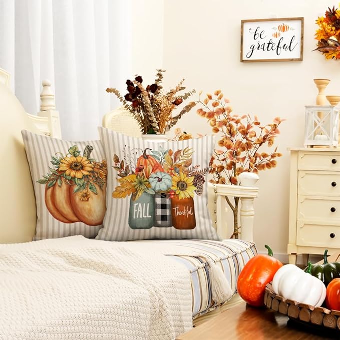 GEEORY Fall Pillow Covers 18x18 Inch Set of 4, Pumpkins Mason Jars Home Sweet Home Striped Seasonal Decorative Throw Pillows Farmhouse Autumn Thanksgiving Decorations for Home Decor (Orange)