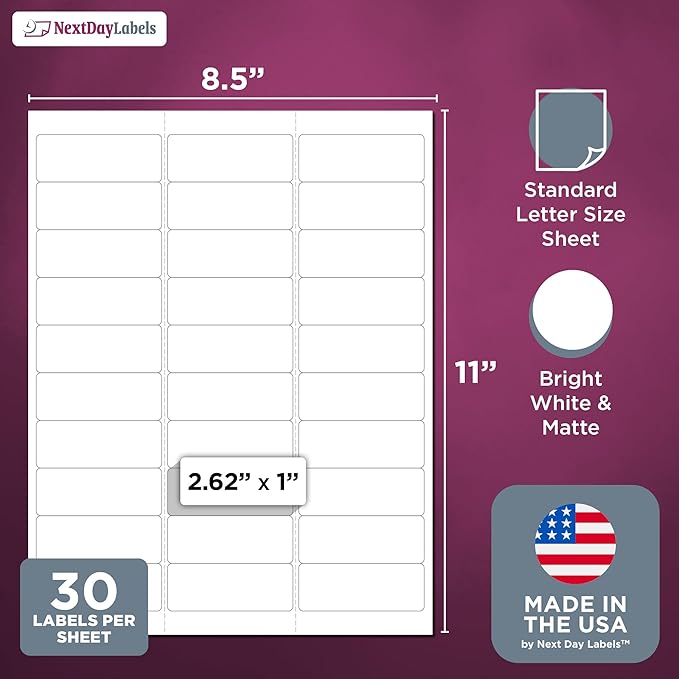 NextDayLabels 2.63x1 Inch Rectangle Stickers White Blank Labels for Laser Inkjet Printer - 30 Per Sheet Self-Adhesive Address Mailing Name Tags Made in USA - 3000 Labels
