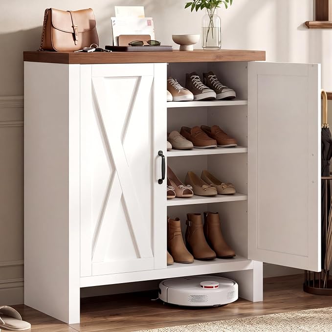 Shoe Cabinet, 4-Tier Shoe Storage Cabinets with Doors and Adjustable Shelves, Thickened Wood Freestanding for Entryway, Hallway, Closet, Organizer Rack, Walnut and White JSC004WWB