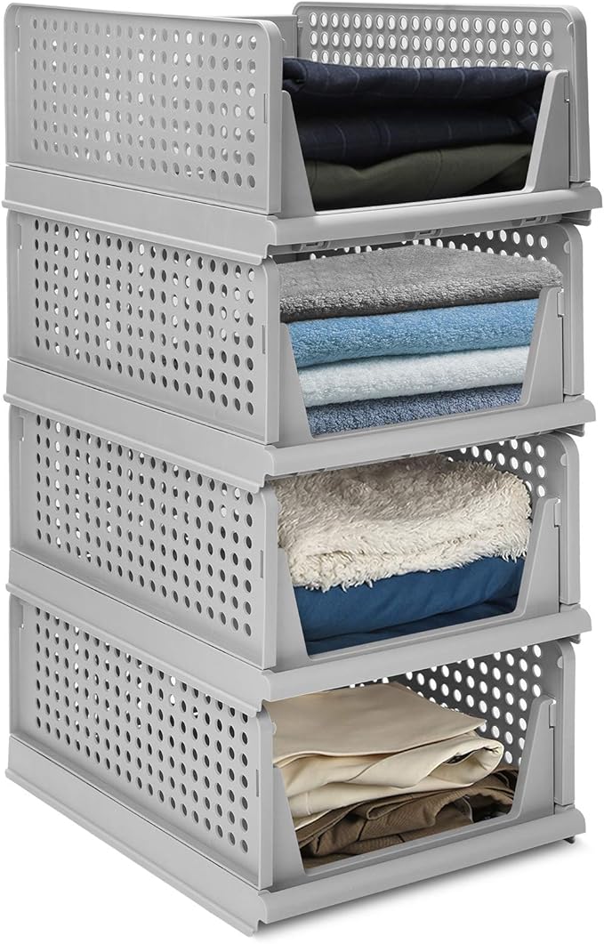 UGL Stackable Wardrobe Storage Box Organizers, Plastic Detachable Baskets Closet Containers, for Kitchen Cabinet, Pantry, Closet, Bedroom, Bathroom Organization, (Grey, 4 Set)