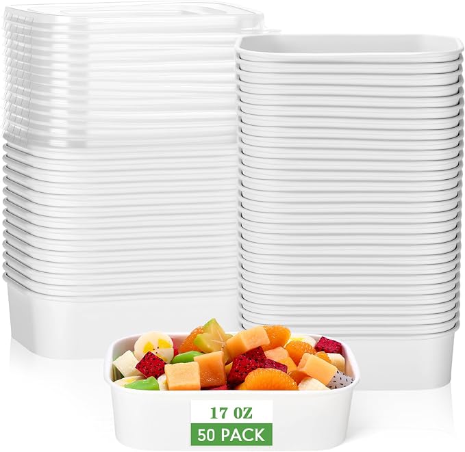 Maxdot 50 Pack 17 oz Disposable Food Containers with Lids Paper Food Containers Bowls for Meal Prep, Salad, Ice Cream, Yogurt, Soup Bowls Party Leftover Box