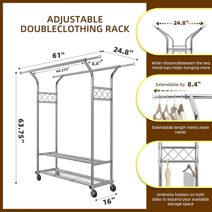 Simple Trending Heavy Duty Clothing Clothes Rack for Hanging, Rolling Double Rod Garment Rack Organizer with Wheels Load 620 LBS, Chrome