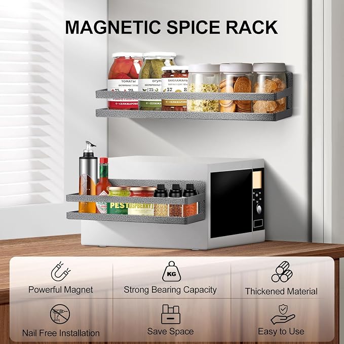 Uten Magnetic Spice Rack for Refrigerator 2 Pack, Strong Fridge Organizer | Heavy duty Metal, Capacity of up to 23lbs, For Kitchen, Washing Machine, 16"*4.5" and 12"*4", black textured