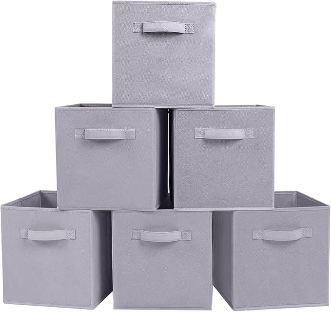 PowerKing Collapsible Storage Cubes, Farbic Storage Bins, Grey, 6 Pack | Sturdy, Lightweight, Easy Pull Handle, Closet & Shelf Organizer, Clothes and Toys Storage, 10.5'' x 11'' x 10.5''