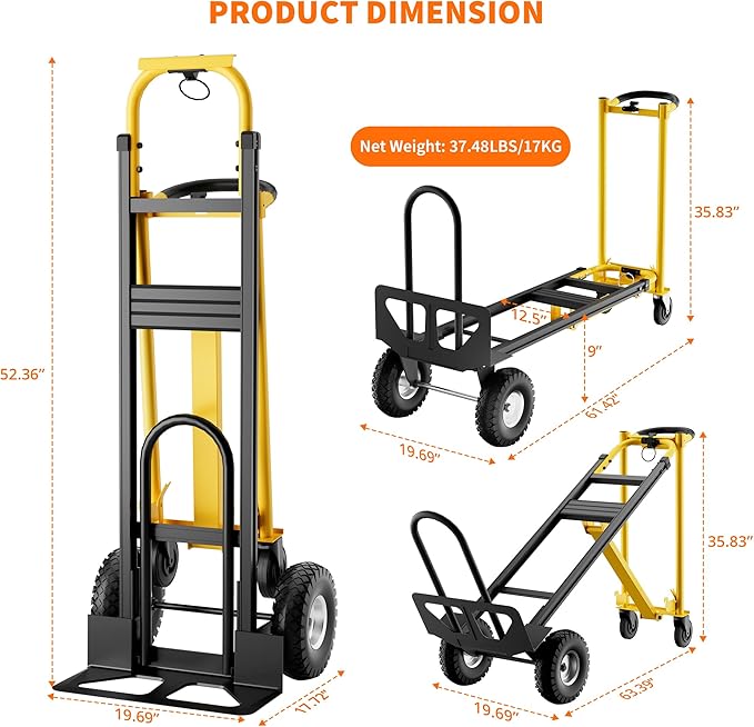 3-in-1 Convertible Hand Truck - 800 Lbs Heavy Duty Multi-Functional Aluminum Moving Dolly with Stair-Climbing Wheels - Folding Platform Cart & Utility Trolley for Home, Warehouse, Office