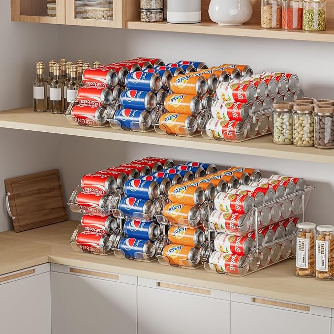 Sotfamily Stackable Soda Can Organizer for Pantry or Fridge, Holds 48 Cans | 2-Pack Space-Saving Drink Organizer for Fridge, Clear Pop can & Food can Dispenser/Holder/Storage/Container for Refrigerator