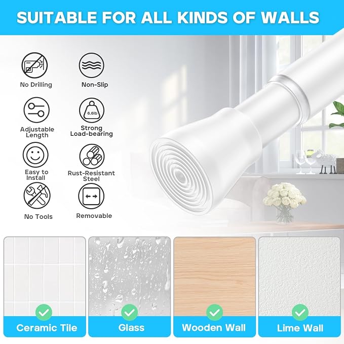 AIZESI Spring Tension Rods Adjustable Tension Curtain Rod Small Tension Rod No Drilling Expandable Spring Loaded Curtain Tension Rod?White,45" to 77"-2Pcs)