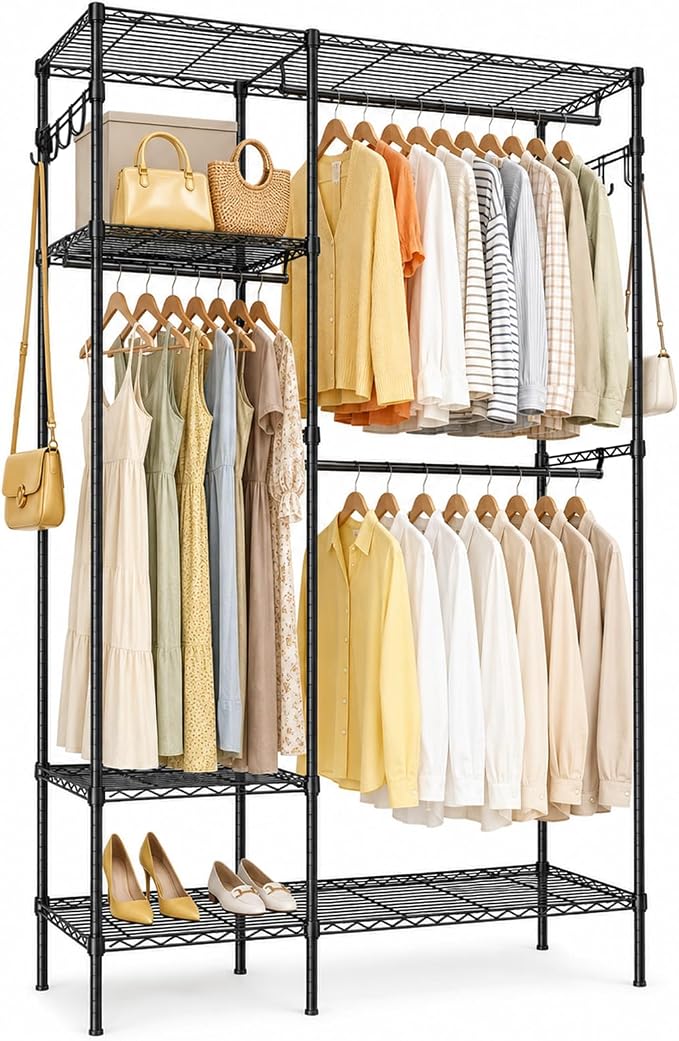 Heavy Duty Clothes Rack, Portable Clothing Garment Rack for Hanging Clothes, Adjustable Storage Closet with Wire Shelves and Hanging Rods, Freestanding Closet Organizer, Max Load 700Lbs, Black