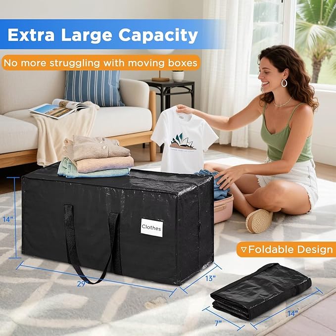 8 Pack Extra Large Moving Bags Heavy Duty Storage Bags with Zipper Handles, BETU Clothes Storage Totes Bins Packing Moving Boxes, Moving Supplies for College Dorm Essentials, Space Saving, Black