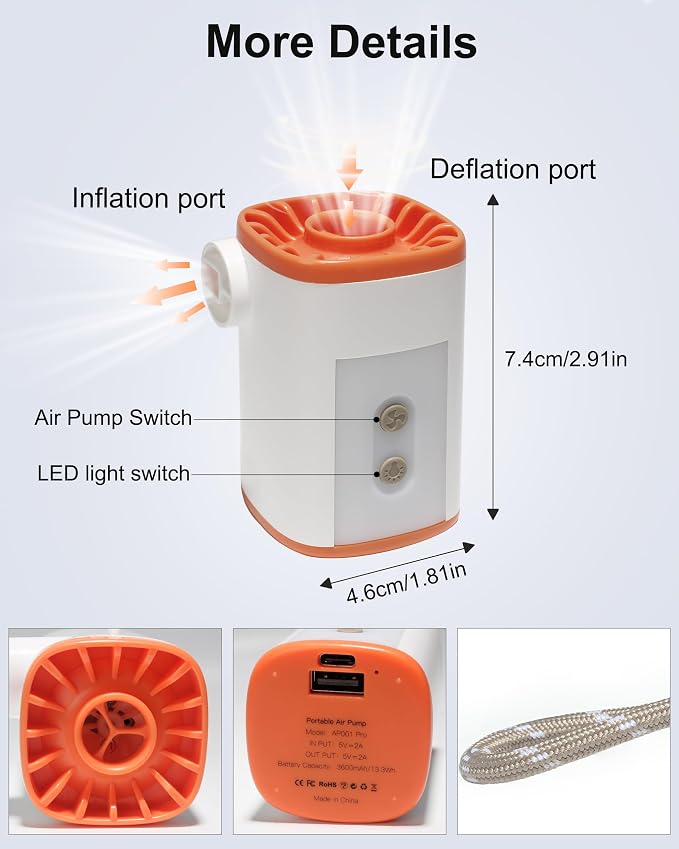 Portable Air Pump with 3600mAh Battery USB Rechargeable Mini Air Pump Inflate Deflate for Pool Floats Vacuum Storage Bags Air Mattress Swimming Ring Sleeping Pads – Orange White | USB Rechargeable, Lightweight, Electric, Mini, for Pool, Floats, Vacuum ...