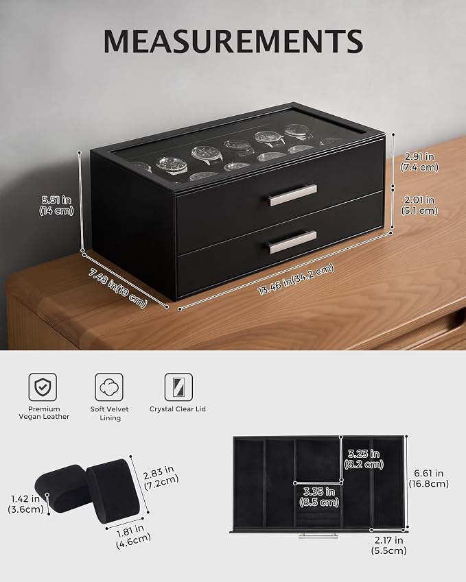 ProCase 12-Slot Watch Case for Men, 2-Tier Pull-Out Drawers Box -Black | Fathers Day Gift for Dad Men with Display Clear Top Lid, Jewelry Sunglasses Storage Organizer, Anniversary Birthday Gifts