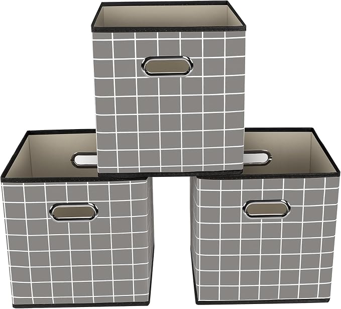 Yunkeeeper storage bins Cubes, Fabric Cube Organizer with Handle, Foldable Cube Bins for Cloth or Accessary Storage, 11x11x11, Set of 3,(Grey grid)