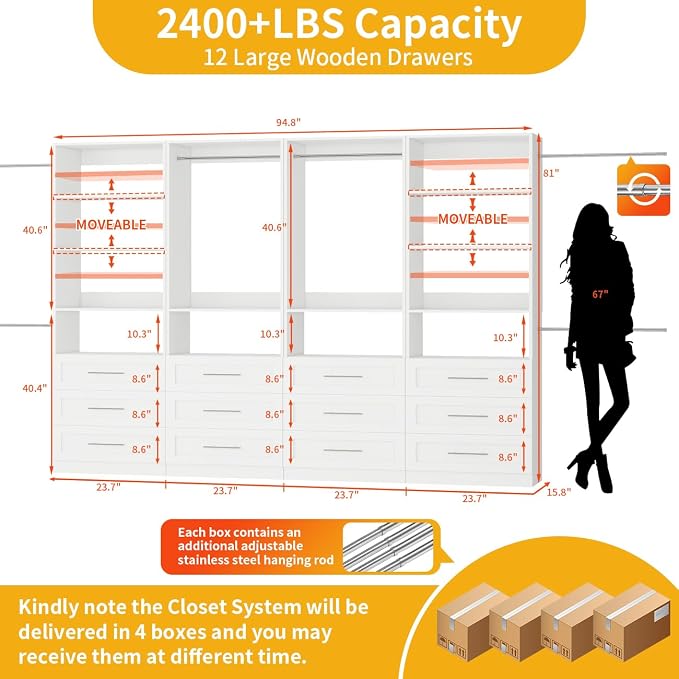 Closet System with 12 Drawers, 96" Wooden Closet Organizer System | 8–21FT Walk-in Storage Modular Closet Systems with 10 Shelves, 6 Expandable Hanging Rods, 4 Sets, Engineered Wood.