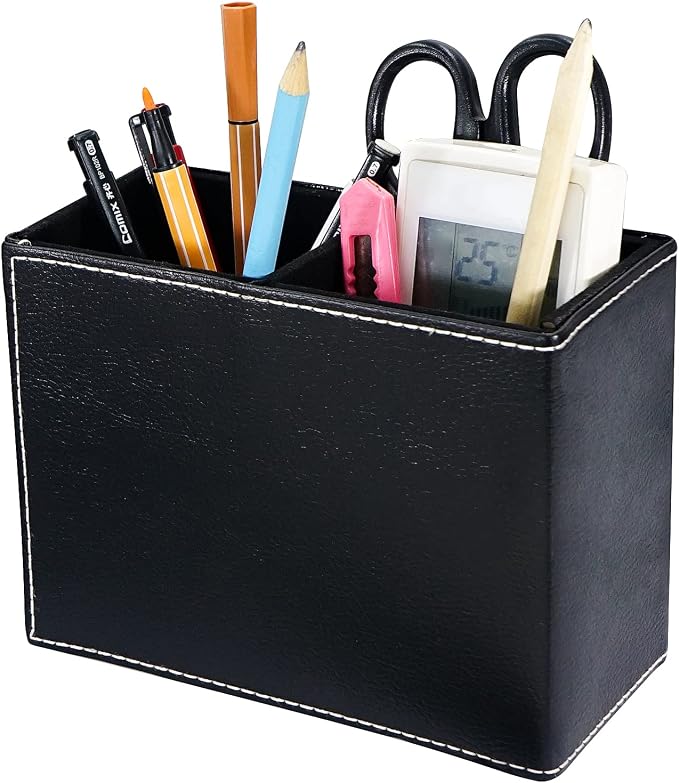 reamsEden PU Leather Pen Holder Cup, 2-Slot Vintage Square Desk Organizer for Office Supplies, Makeup Brushes, Remote Control, Black