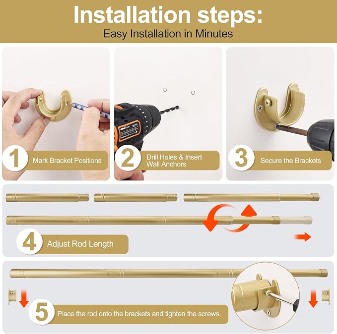 Adjustable Closet Rod for Hanging Clothes, 17-84inch Heavy Duty Metal tension clothes rod，1.3Inches Closet Pole with Hardware Kit for Closet Organization Laundry Room RV, Gold