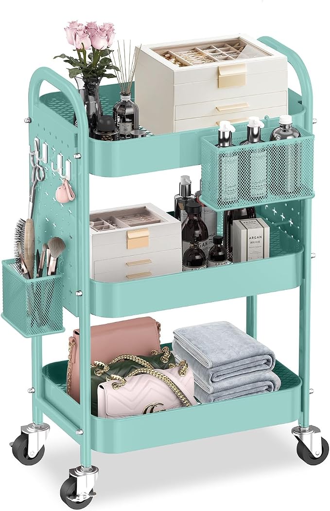 ALVOROG 3 Tier Metal Rolling Utility Cart with Pegboards,Baskets,Hooks,Blue | More Storage Craft Cart with Pegboards,Lockable Wheels,Hooks & Baskets to Organize Kitchen,Office,Bedroom and DIY Supplies