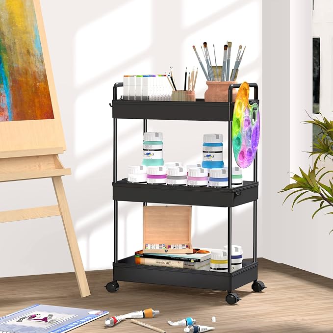 SOLEJAZZ 3 Tier Slim Rolling Storage Cart Organizer with Wheels, Black | Utility cart for bathroom, laundry, bedside, dorm&narrow spaces. Fits craft, nail, makeup, snack, art, diaper&baby essentials
