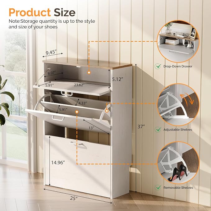 VINGLI Shoe Cabinet Storage for Entryway Ultra Slim with 2 Flip &1Drop-Down Drawers, 24.8" W Narrow Shoe Cabinet for Front Door Entrance,Freestanding Rustic White Wood Shoes Organizer for Hallway