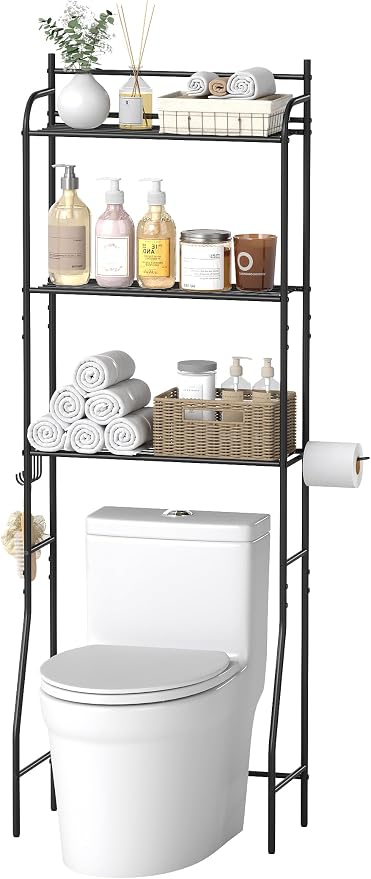 3-Tier Over The Toilet Storage, Bathroom Organizer, Space-Saving, Above Toilet Storage Rack with 4 Hooks and Paper Holder, Metal Shelf, Black