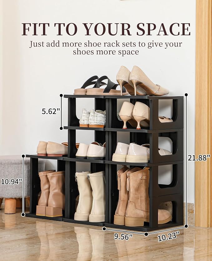 Stackable Small Shoe Rack for Closet 10 Tier - Remove Shelf for Boots | Easy tool-free assembly, sturdy stable structure, for small spaces, slim adjustable shoe rack saves space, modular design