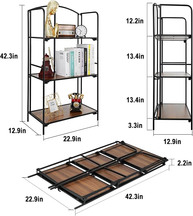 Crofy 3-Tier Foldable Bookshelf, Black Frame & Walnut Shelves | No-Assembly Collapsible Portable Storage Organizer; Sturdy Walnut Finish Shelves; Ideal for Living Room & Home Office