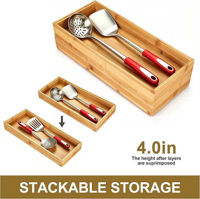 Kitchen Bamboo Drawer Organizer Set of 2, Large Wide Stackable Drawer Organizer for Silverware, Utensils, Cutlery, Flatware, Junk Drawer, Dresser, Bathroom, 17" x 6" x 2"
