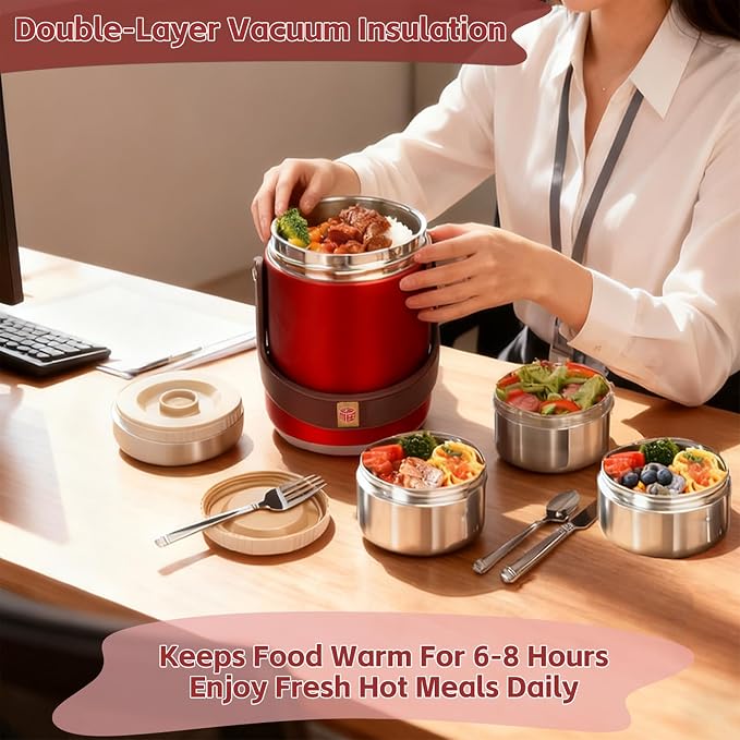 67oz Vacuum Insulated Lunch Food Container for Hot Food, 3 Tier Stackable | Adults Stainless Steel Wide Mouth Thermal Lunch Box, Leak-Proof Thermo Food Jar for Office & Outdoor (Red)