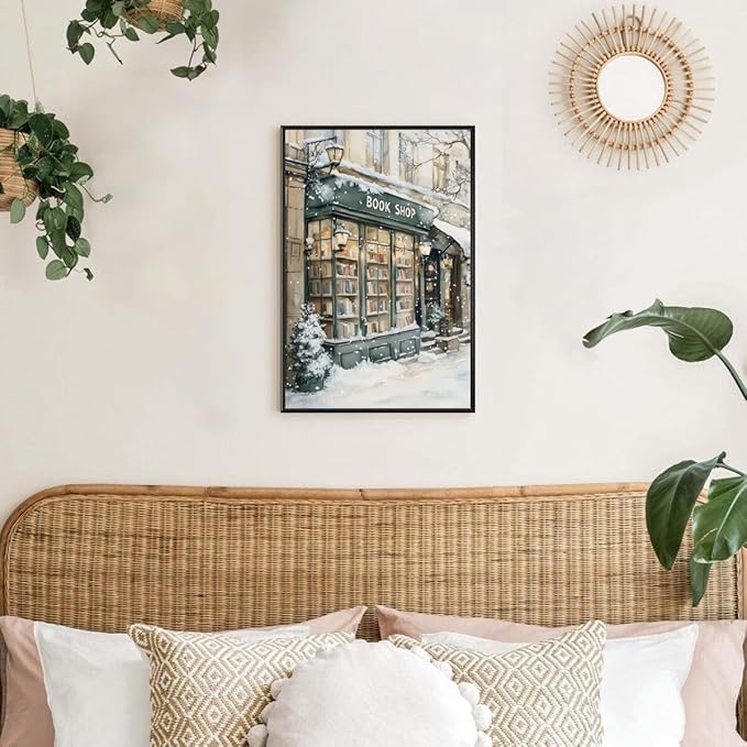 Winter Book Shop New York Book Lover Art Aesthetic Poster Canvas Wall Art Decoration Living Room Home Decor Bedroom Decoration Poster black framed20x30inch
