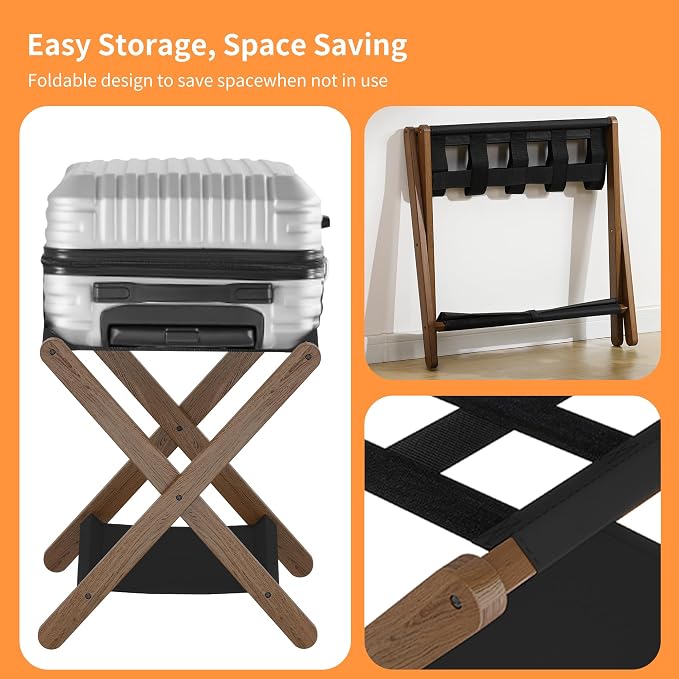 Heybly Luggage Rack, Pack of 2, Folding Suitcase Stand with Storage Shelf, Heavy-Duty Luggage Holder for Guest Room Bedroom Hotel, Holds up to 165 lb, Walnut, HLR010WB2